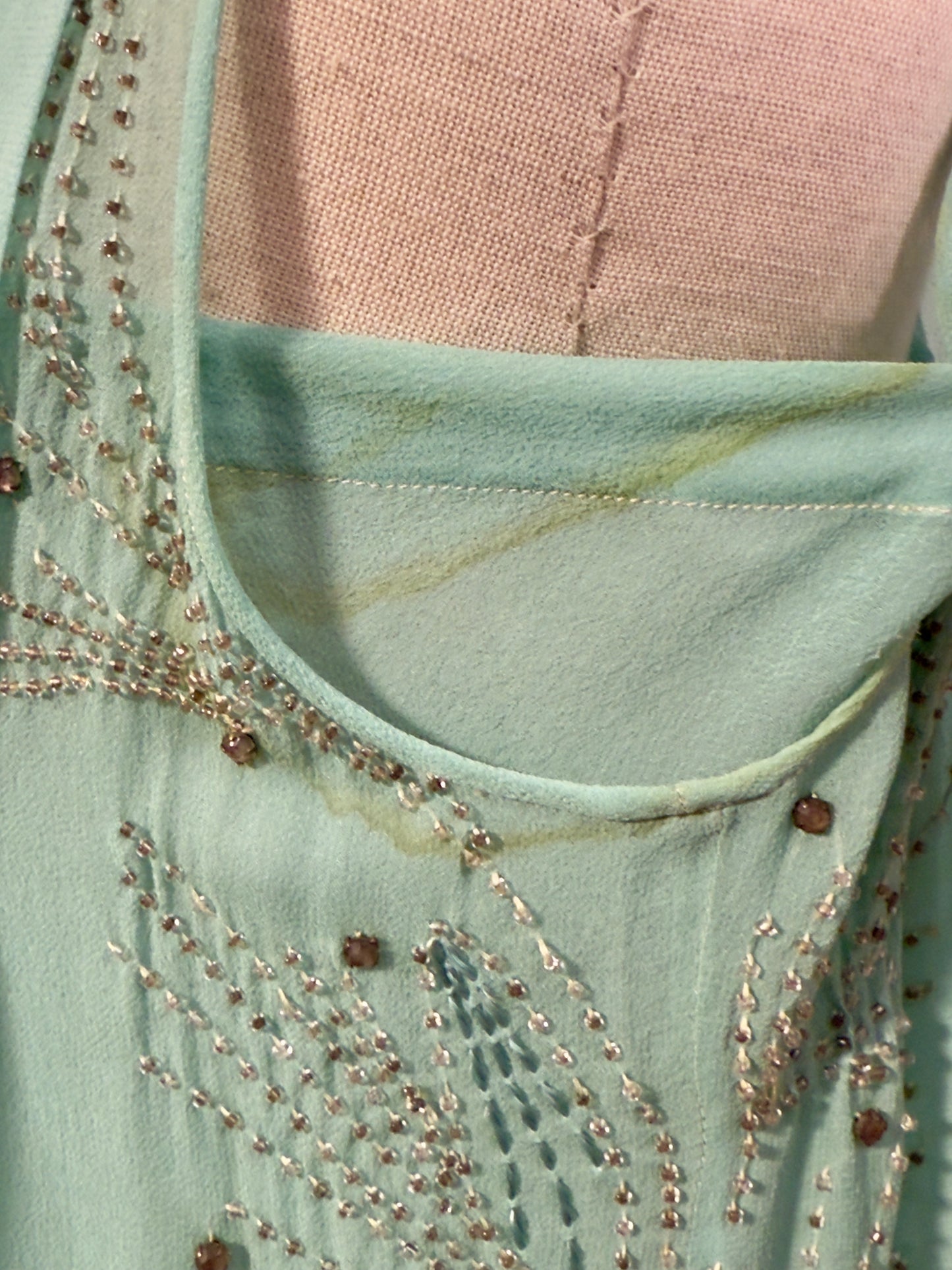1920s Flapper Aqua Blue Beaded Chiffon Dress With Tassels