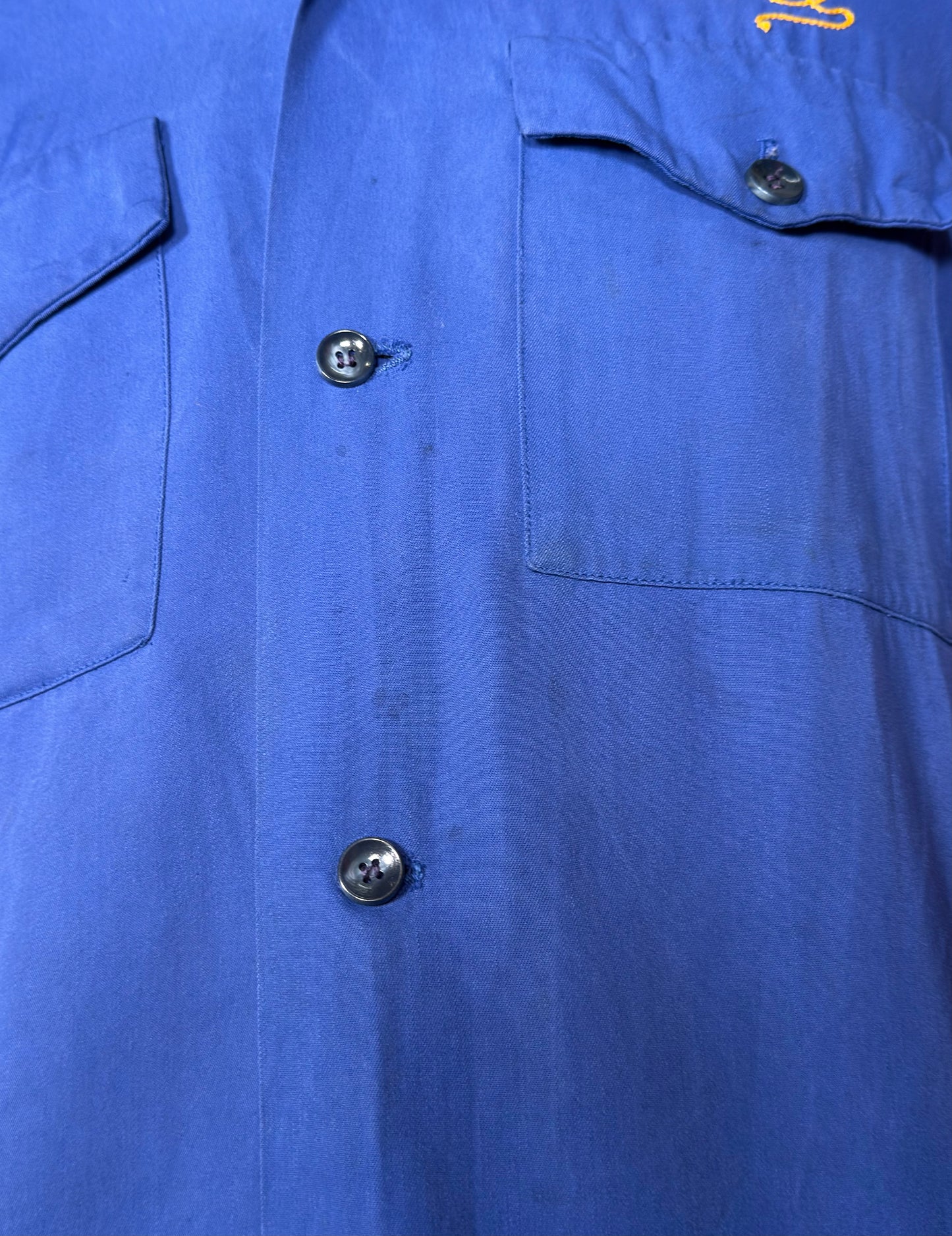 1950s Nat Nast Blue Cotton Bowling Shirt Observatory N.S.G.W. Chainstitch Embroidery