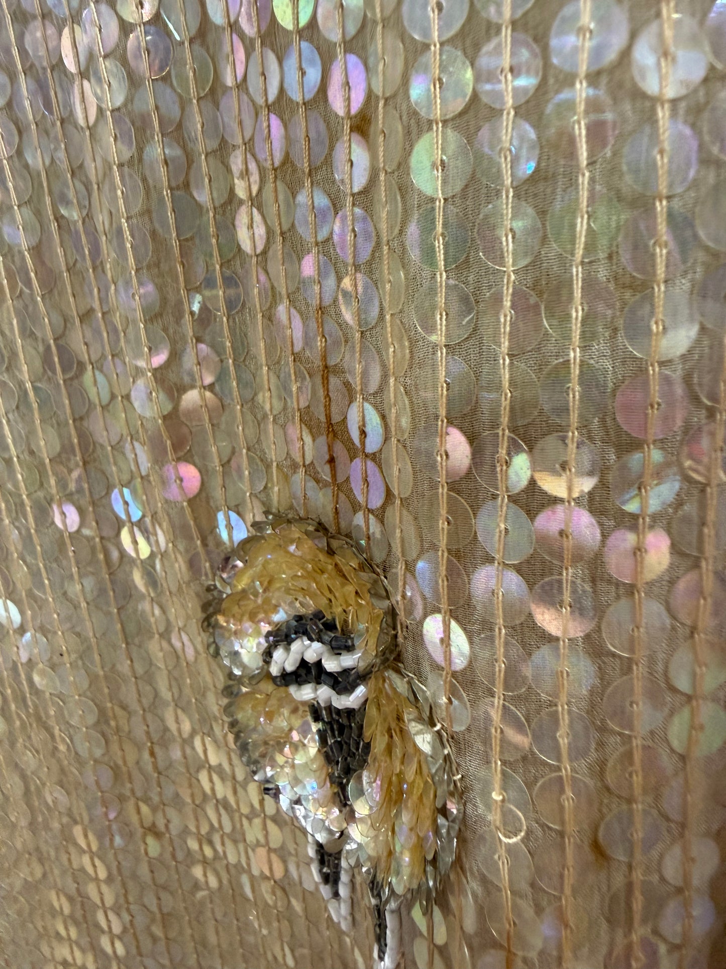 1970s ShoMax Beige Iridescent Sequined Silk Gown