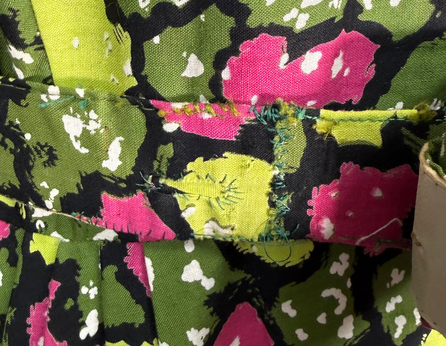 1940s/1950s Belted Geometric Green and Pink Circle Skirt Dress