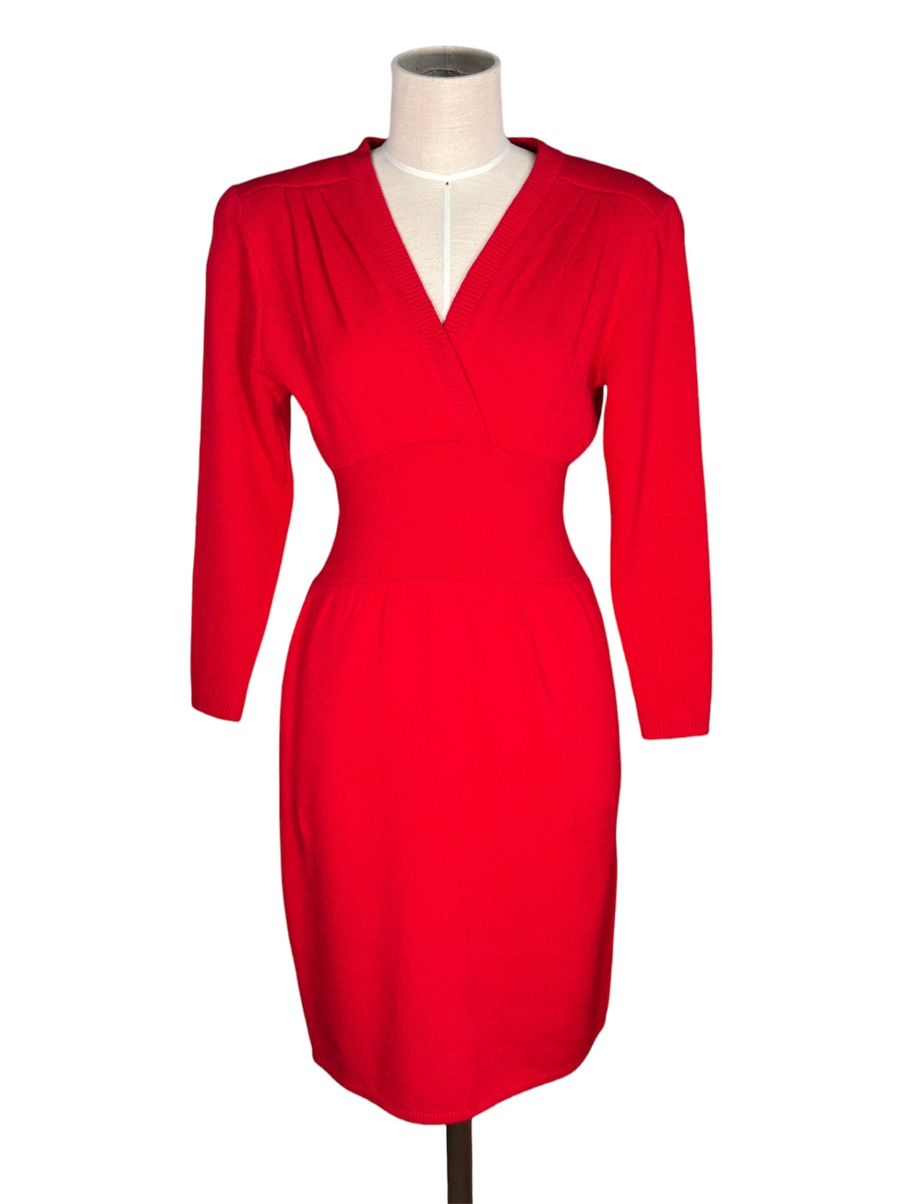 st john knit dresses 1980s St. Red Midi Dress – Moon Zooom Vintage luxury leather accents that Size:3Y/4Y leisure-dresses BrookeAmor's NOLA Formal Collection