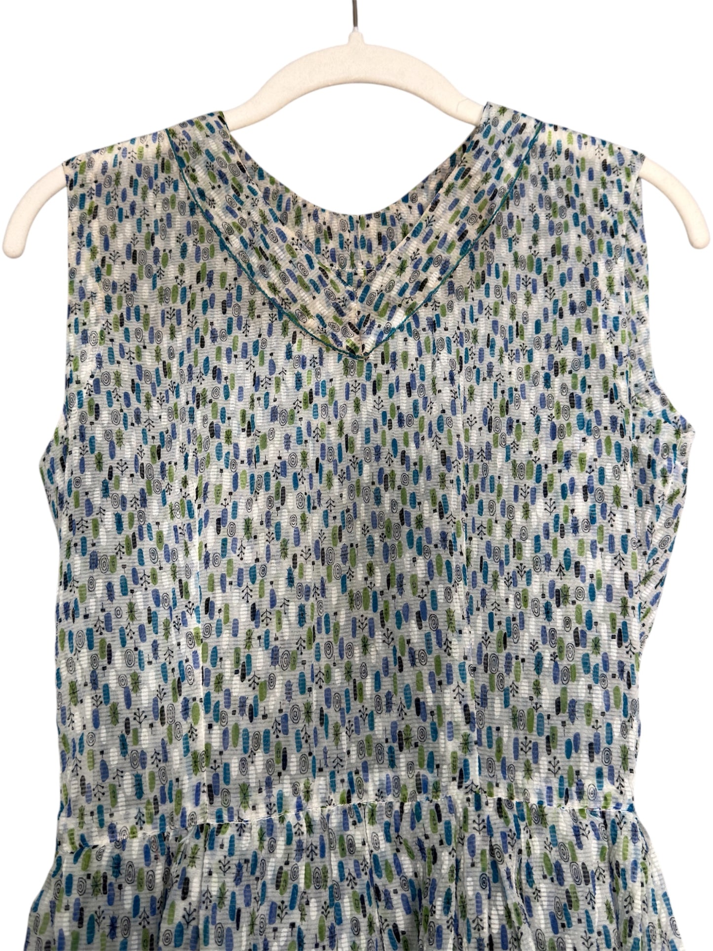1950s Tissue Crepe Blue/Green/White Geometric Day Dress