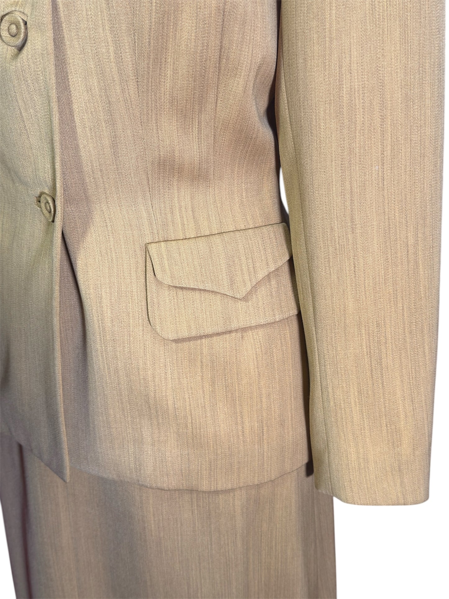 1940s Macy's Kansas City Yellow-Green Raw Silk Two Piece Skirt Suit