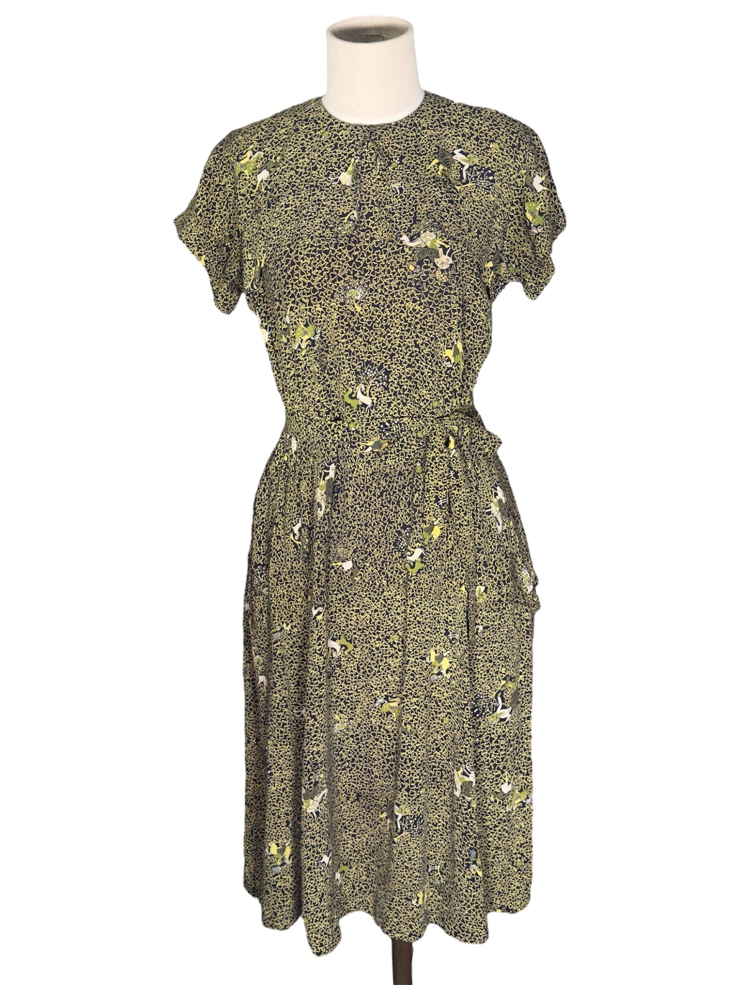 1940s Rayon Novelty Print Shamrock Day Dress
