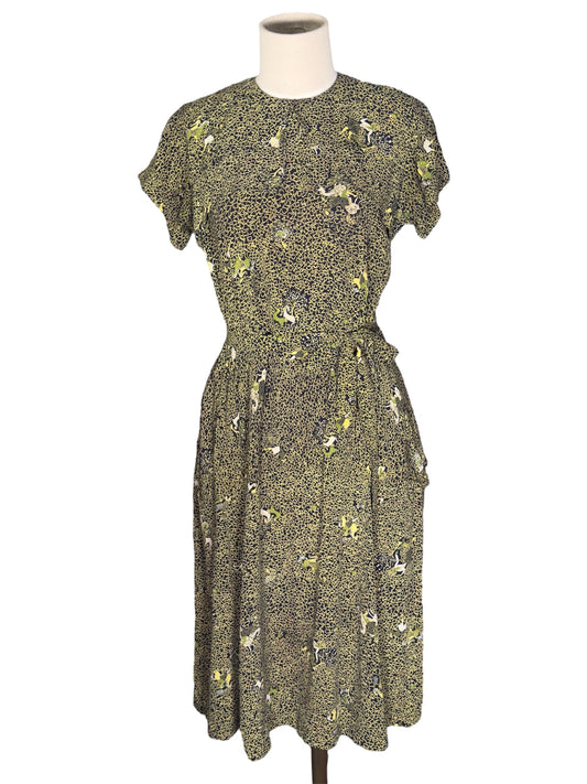 1940s Rayon Novelty Print Shamrock Day Dress