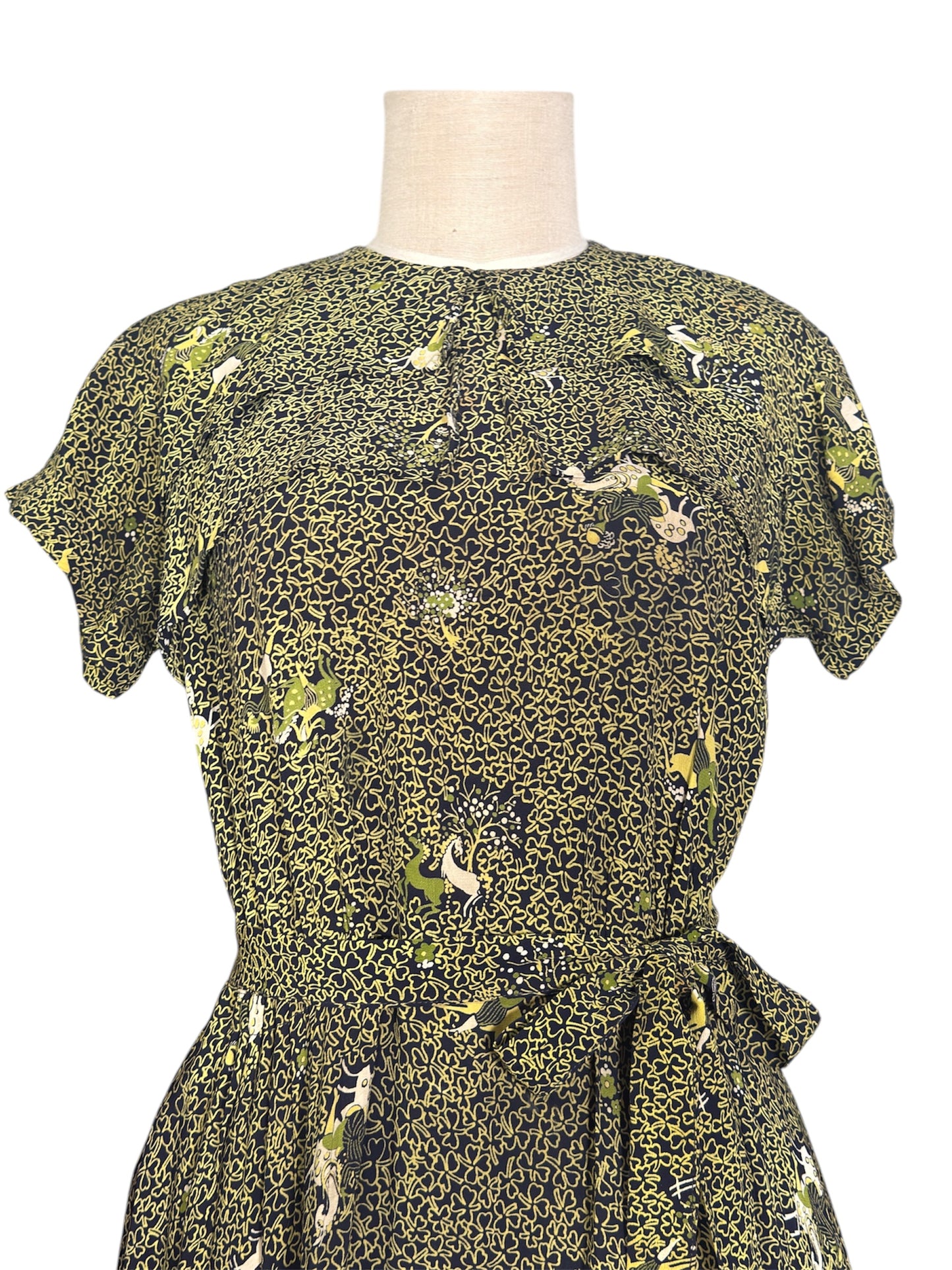 1940s Rayon Novelty Print Shamrock Day Dress