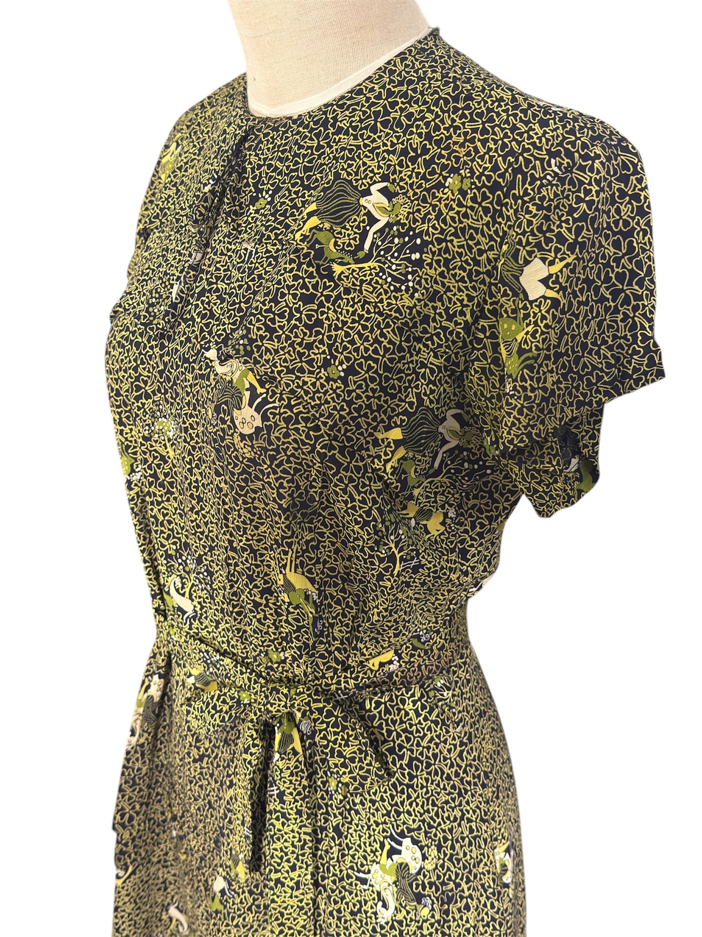 1940s Rayon Novelty Print Shamrock Day Dress