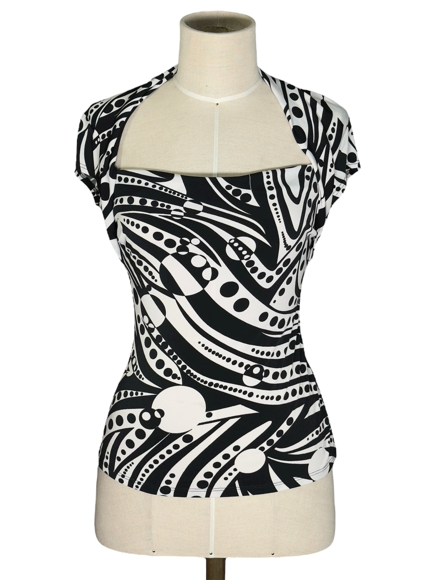 1990s Cache Black and White Abstract Swirl Print Top