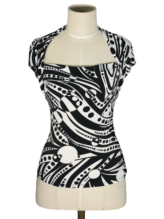 1990s Cache Black and White Abstract Swirl Print Top