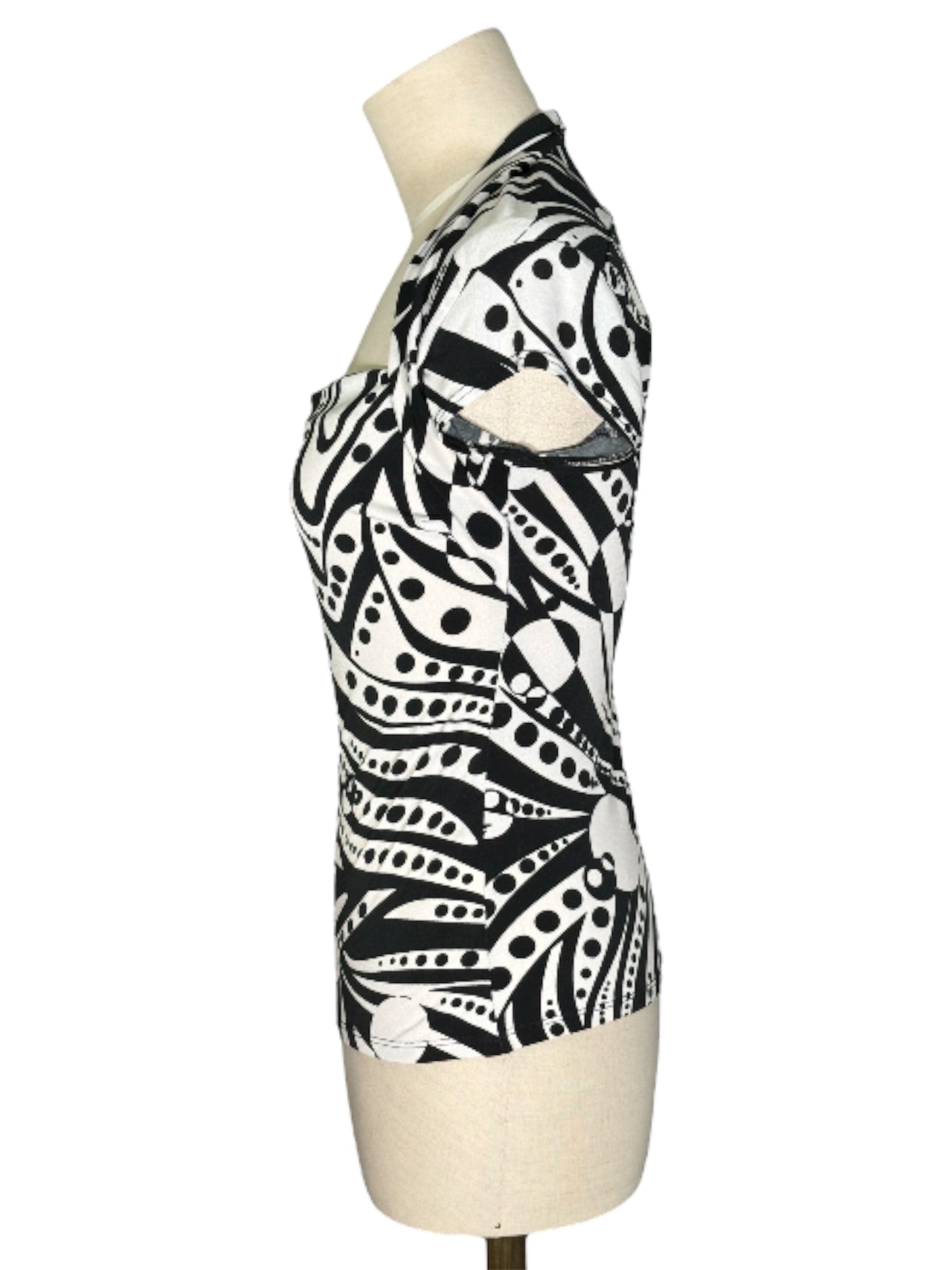 1990s Cache Black and White Abstract Swirl Print Top