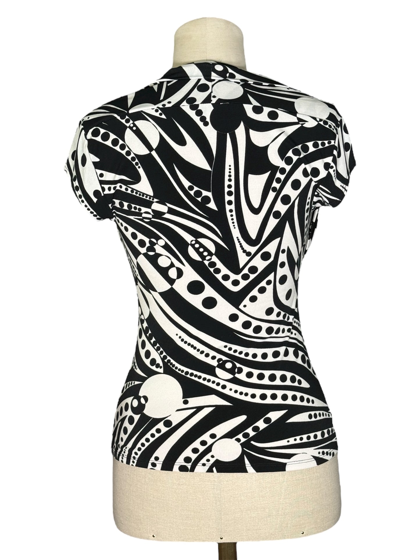 1990s Cache Black and White Abstract Swirl Print Top