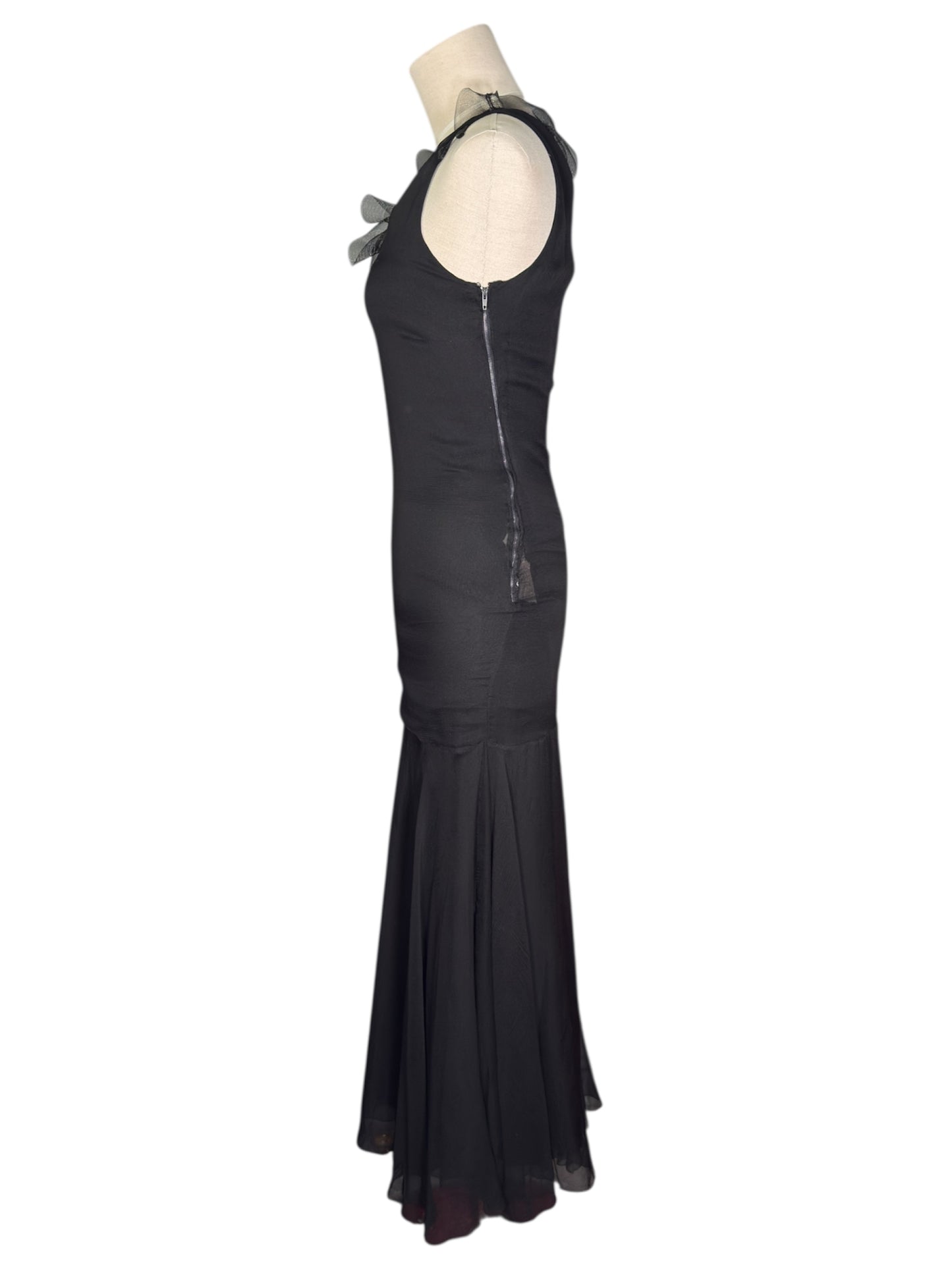 1979 Spring-Summer Christian Dior Paris Black Sleeveless Ruffle Neck Dress