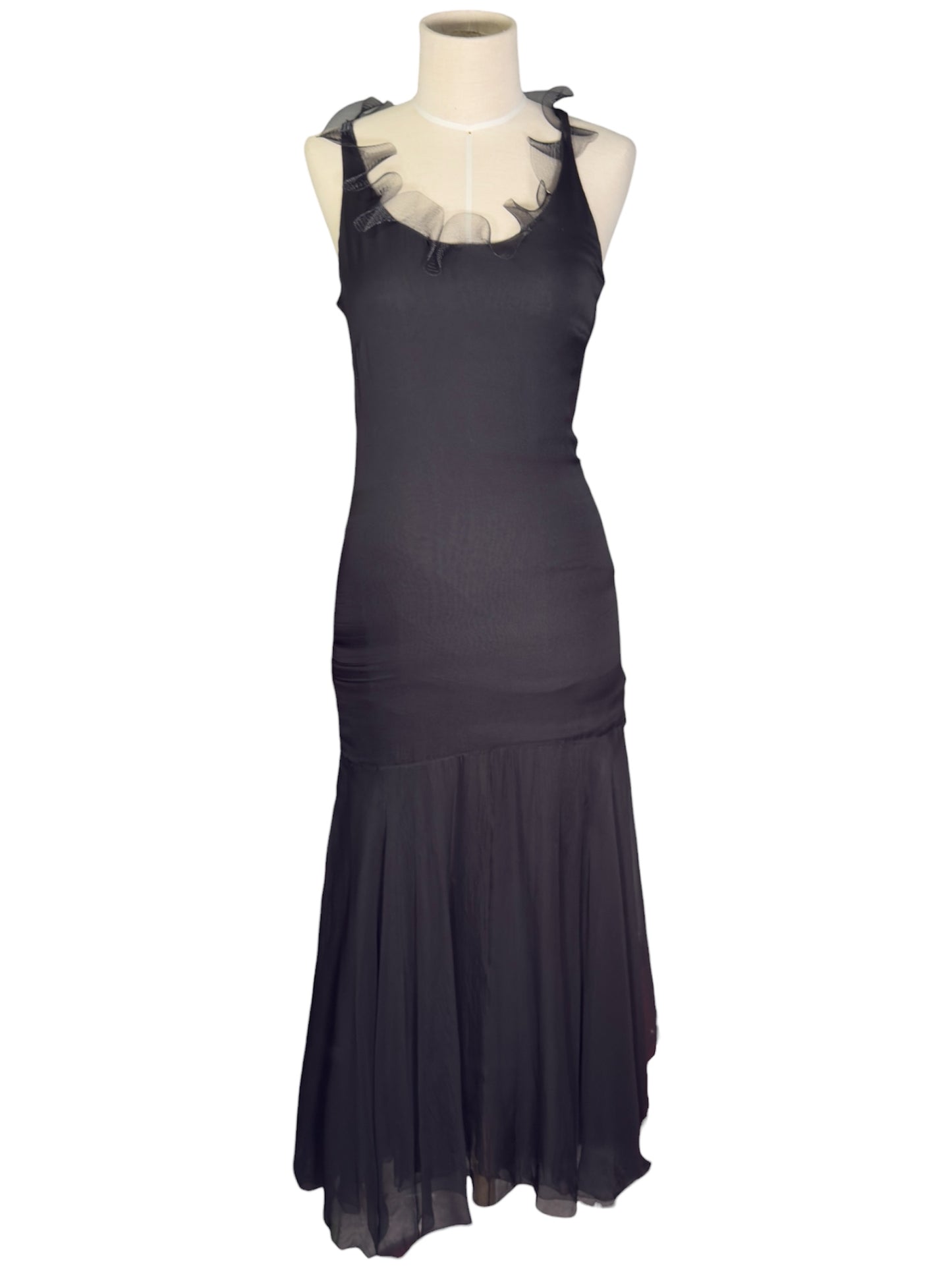 1979 Spring-Summer Christian Dior Paris Black Sleeveless Ruffle Neck Dress