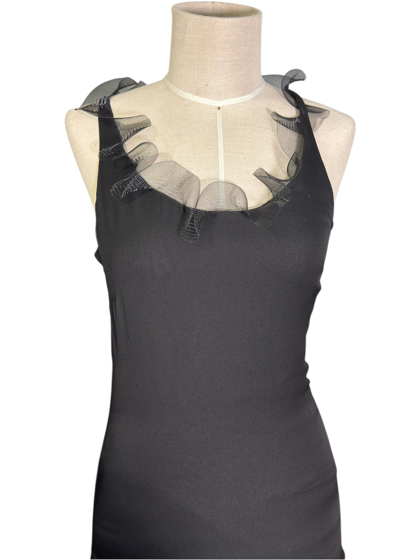 1979 Spring-Summer Christian Dior Paris Black Sleeveless Ruffle Neck Dress