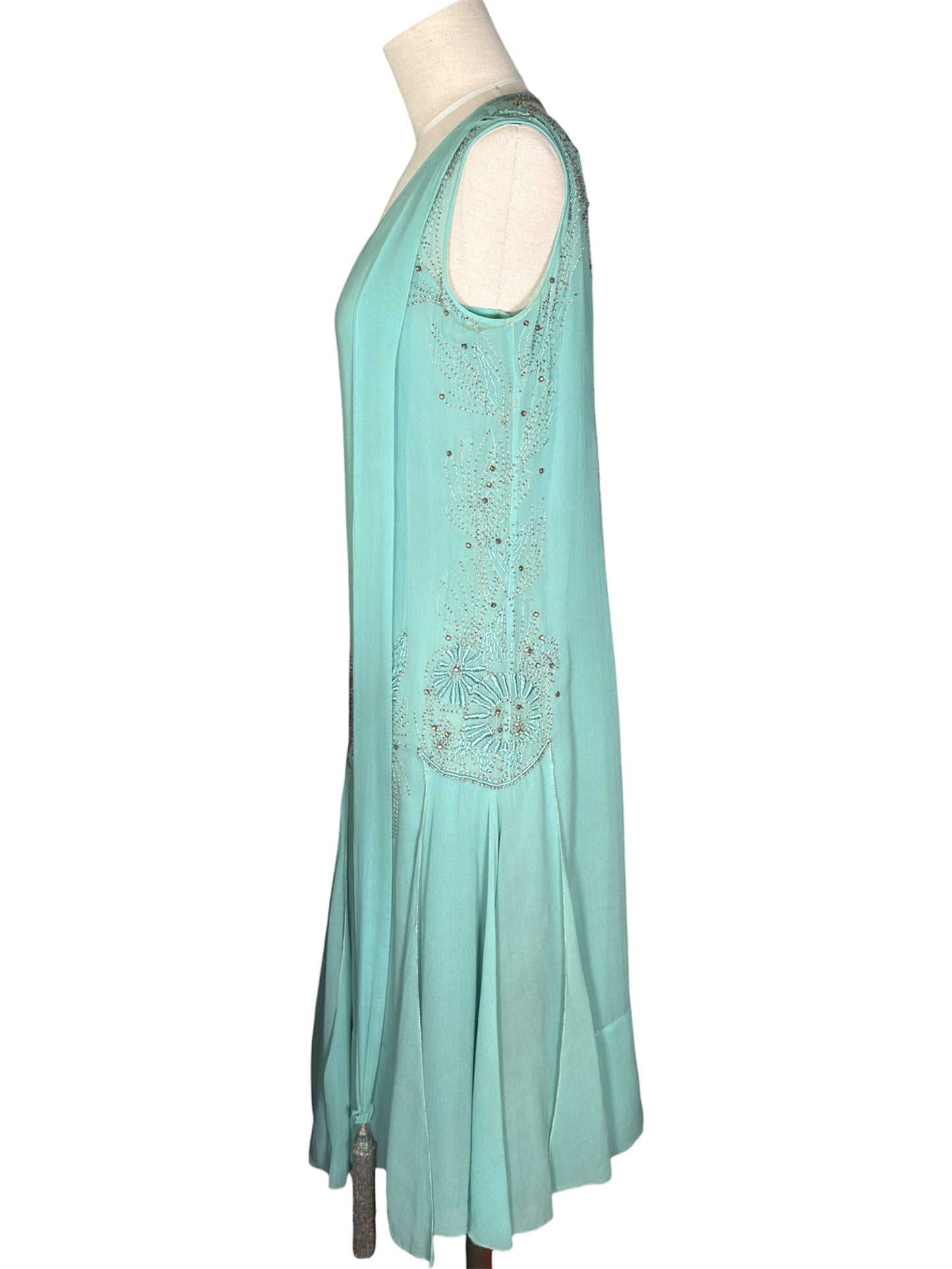 1920s Flapper Aqua Blue Beaded Chiffon Dress With Tassels