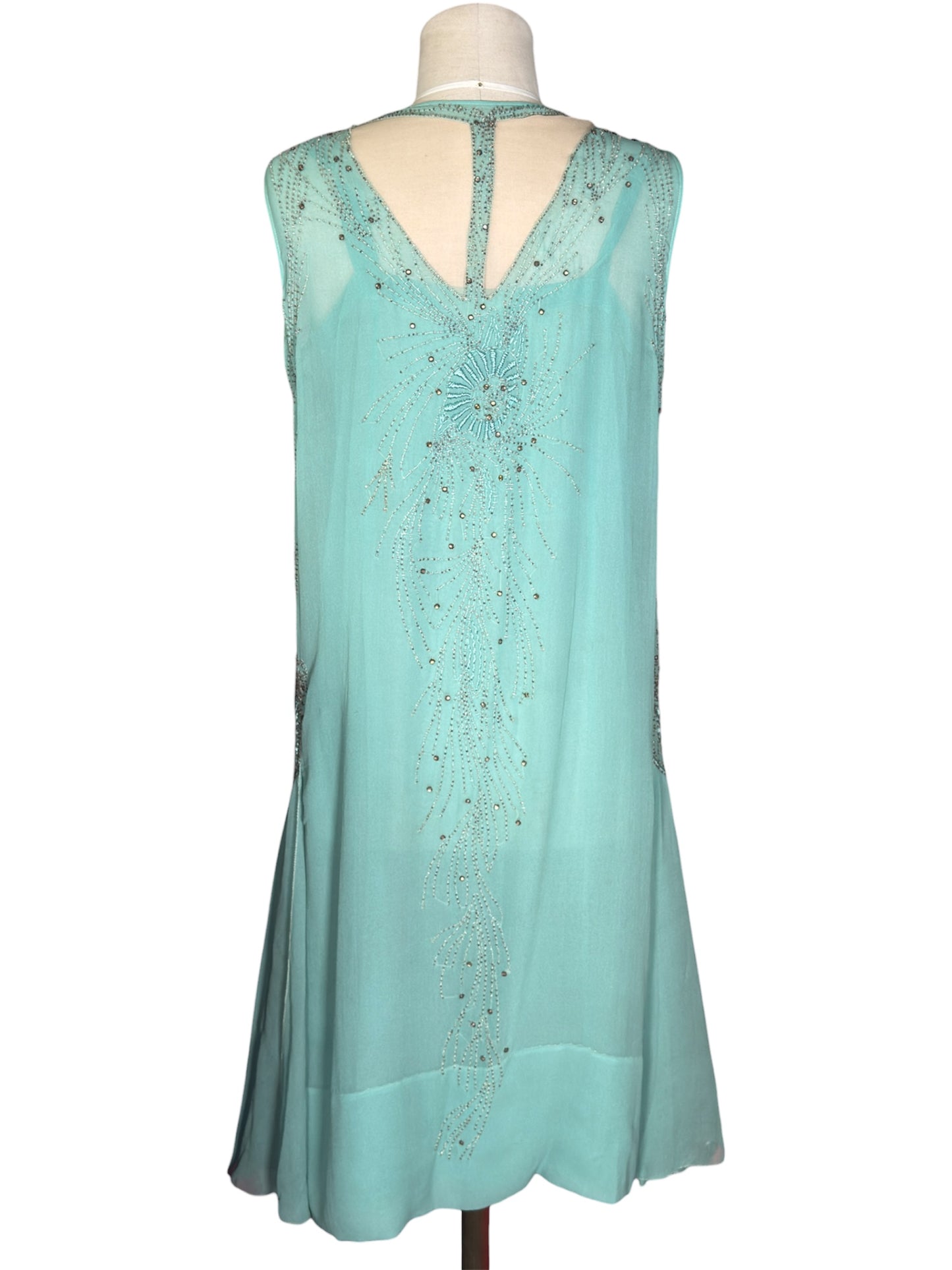 1920s Flapper Aqua Blue Beaded Chiffon Dress With Tassels