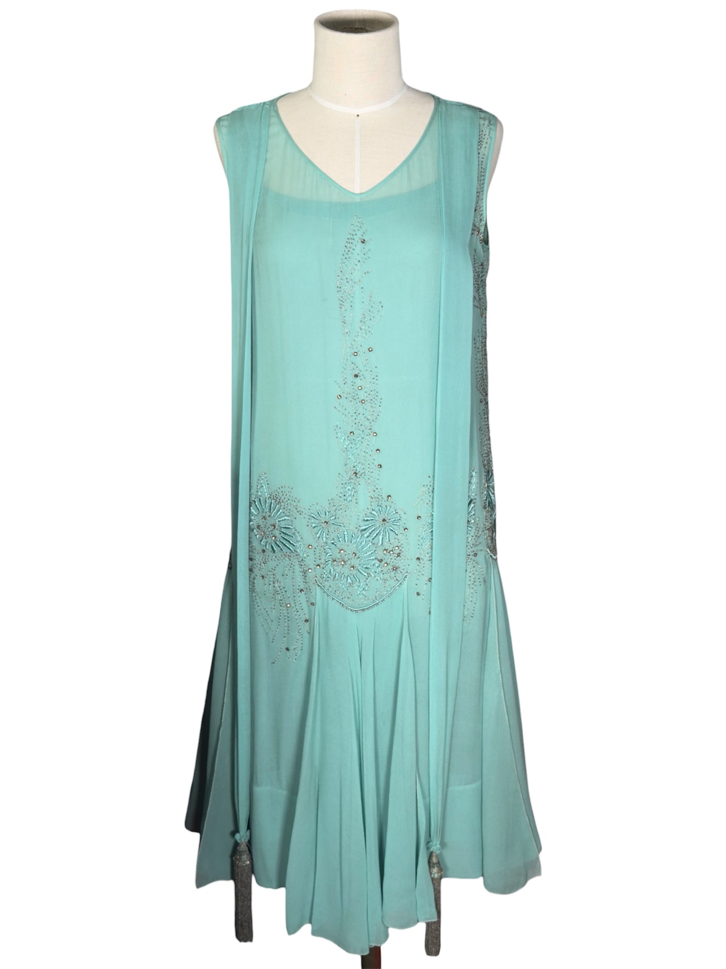 1920s Flapper Aqua Blue Beaded Chiffon Dress With Tassels