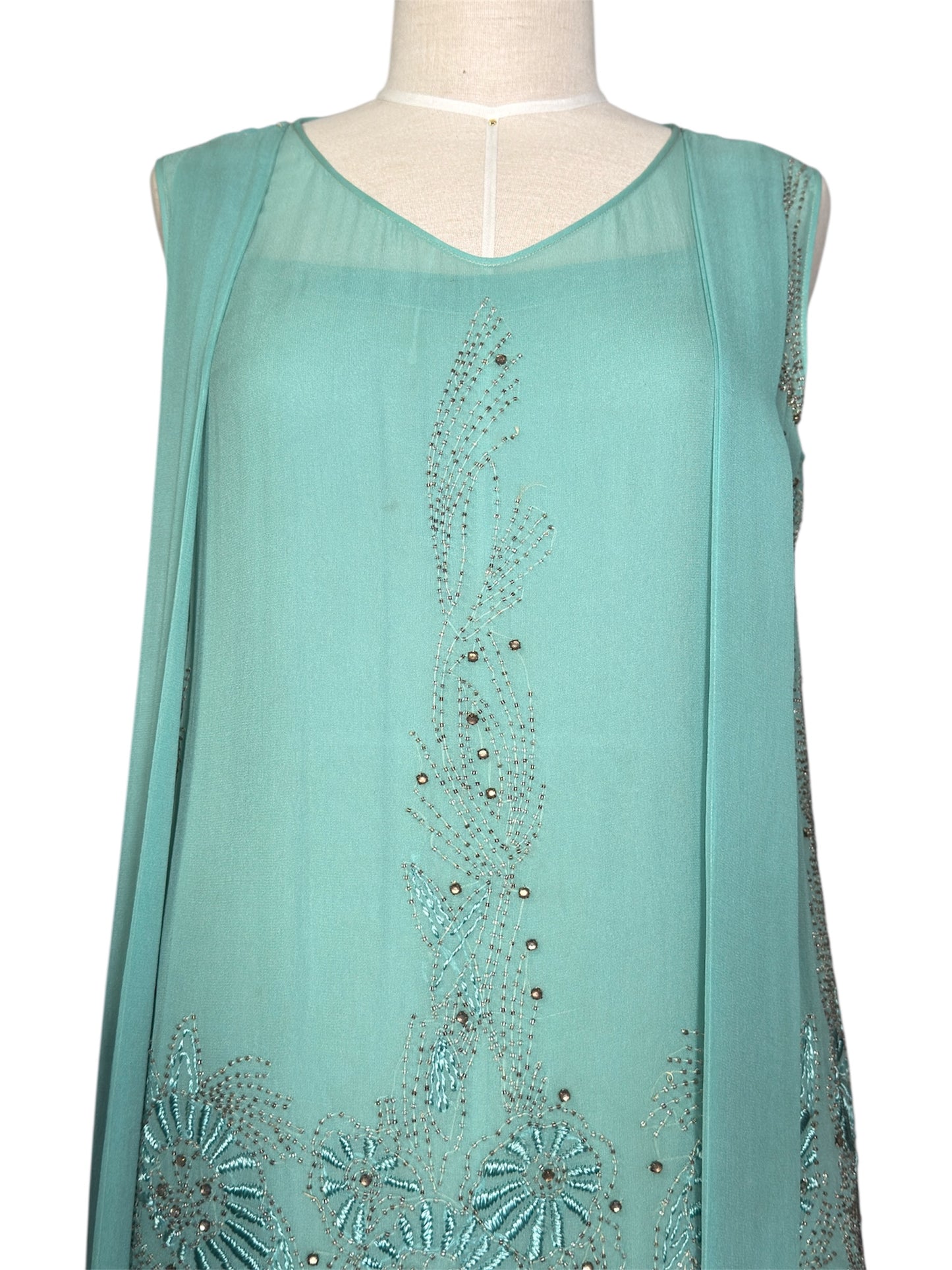 1920s Flapper Aqua Blue Beaded Chiffon Dress With Tassels