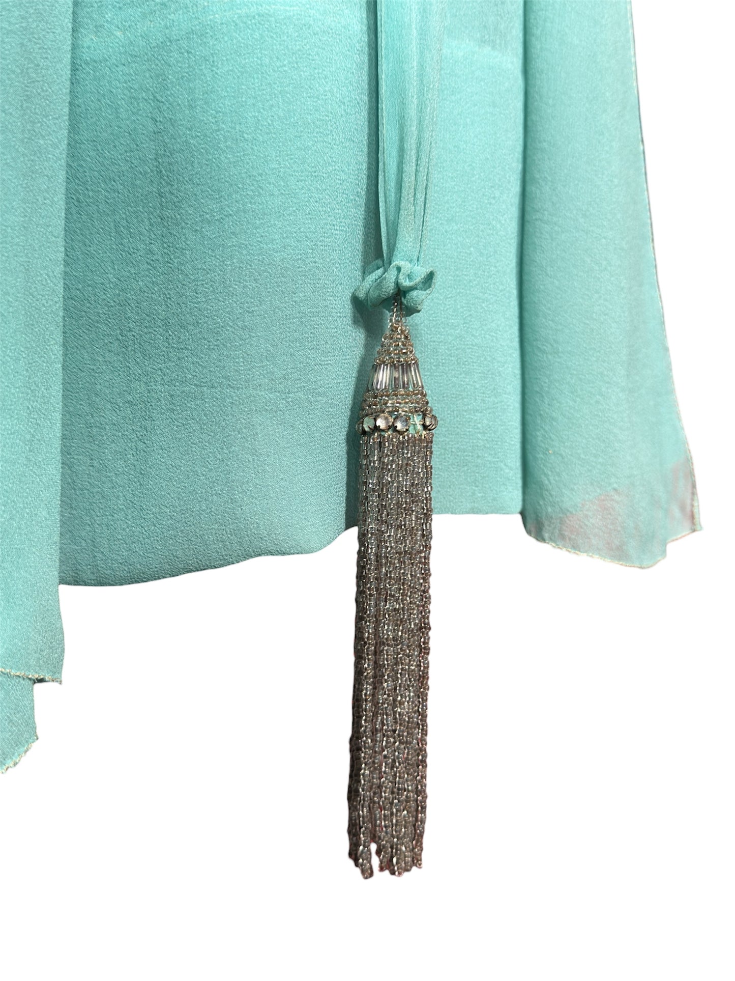 1920s Flapper Aqua Blue Beaded Chiffon Dress With Tassels