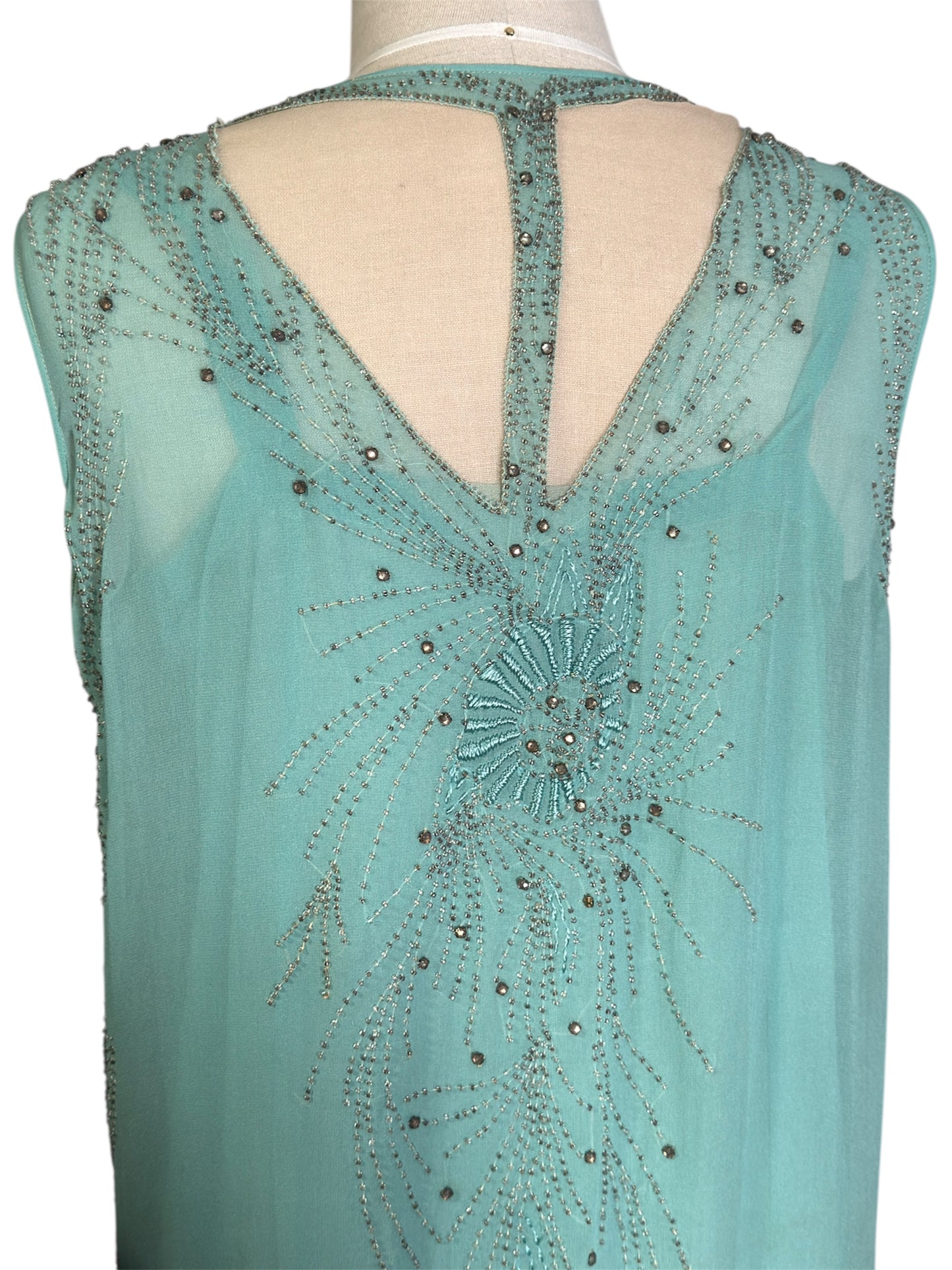 1920s Flapper Aqua Blue Beaded Chiffon Dress With Tassels