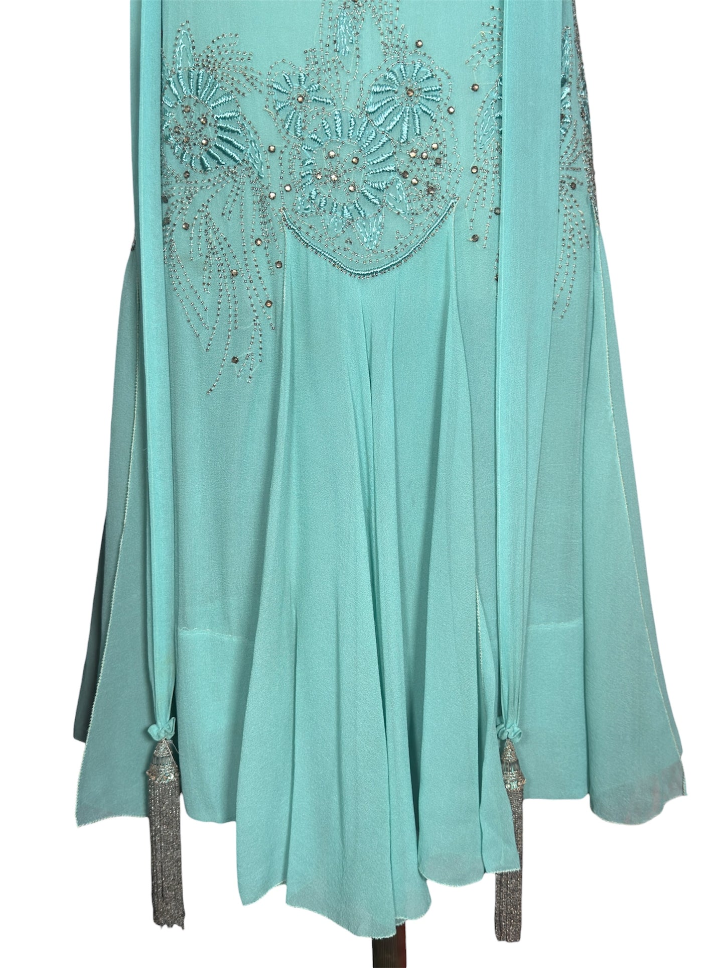 1920s Flapper Aqua Blue Beaded Chiffon Dress With Tassels