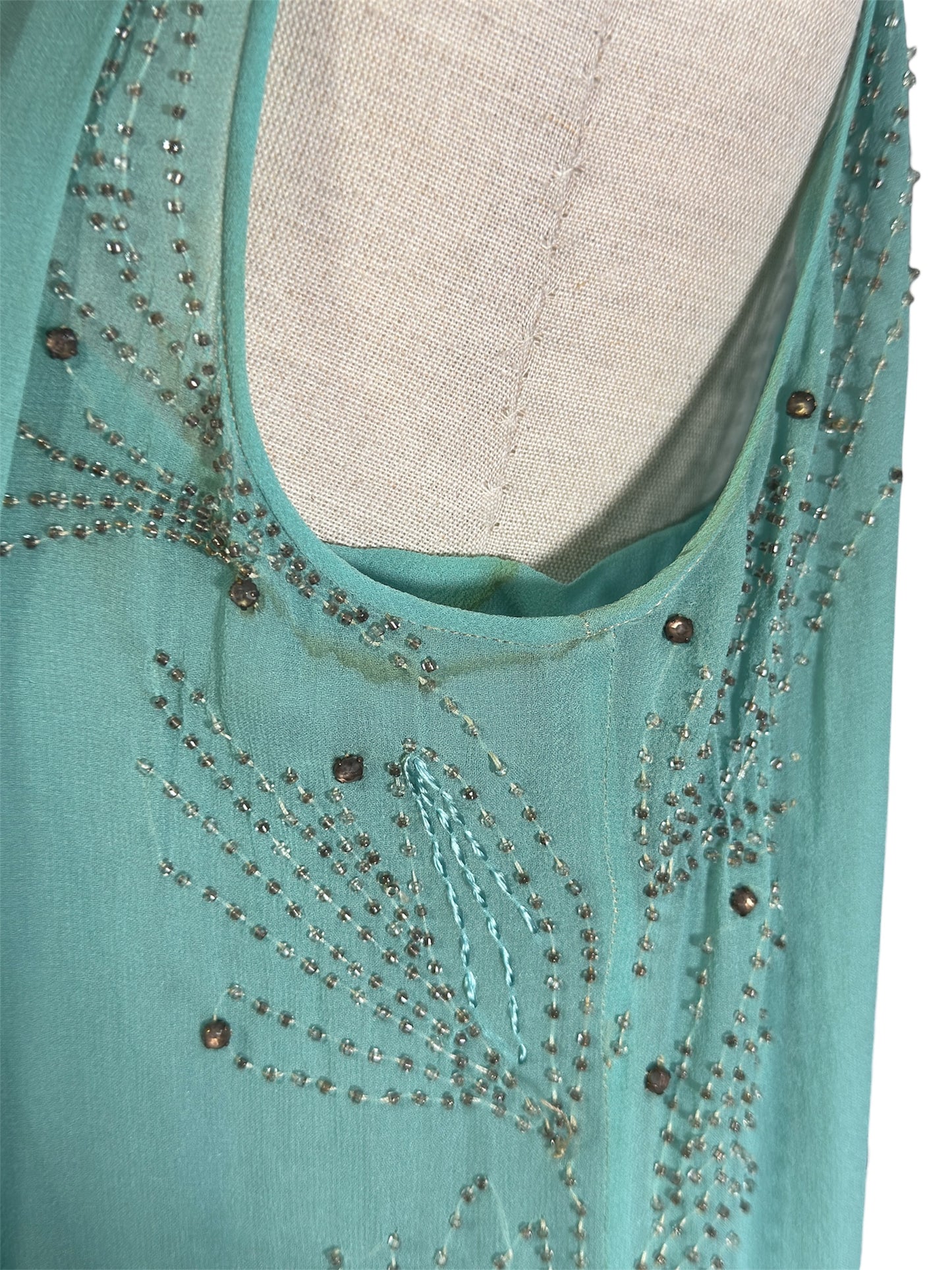 1920s Flapper Aqua Blue Beaded Chiffon Dress With Tassels