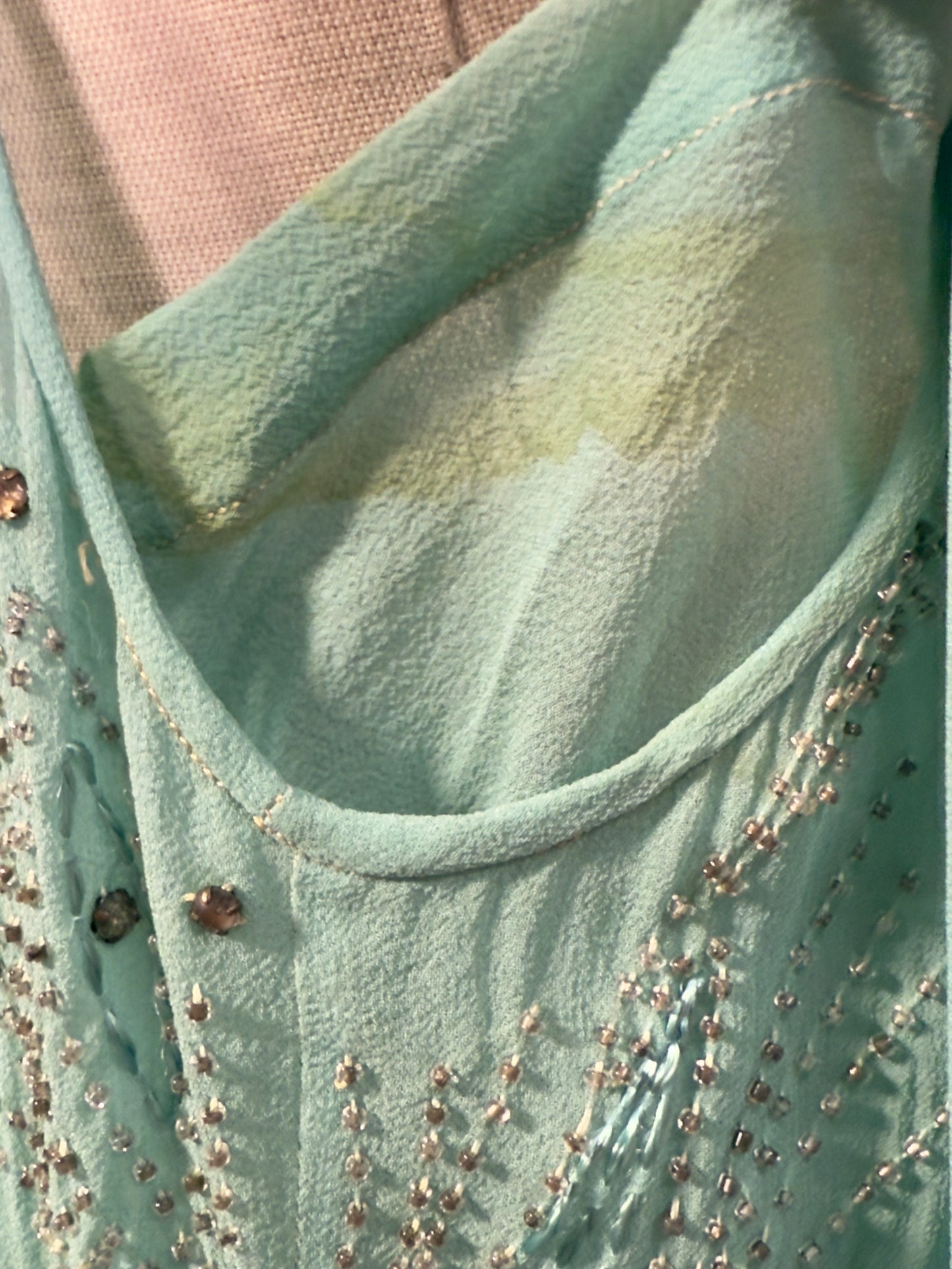 1920s Flapper Aqua Blue Beaded Chiffon Dress With Tassels