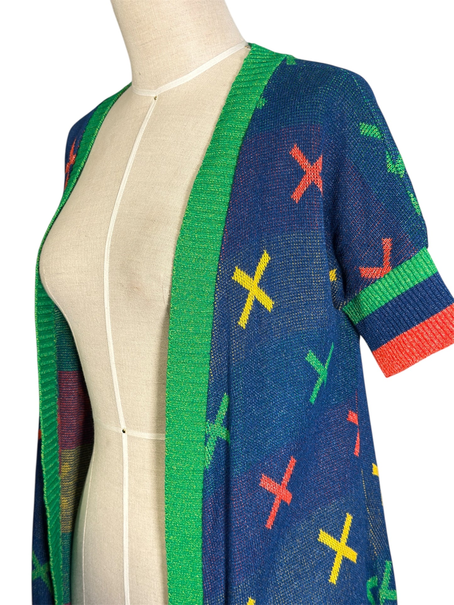 1970s Sant'Angelo Knits Open Front Short Sleeve Graphic Cardigan