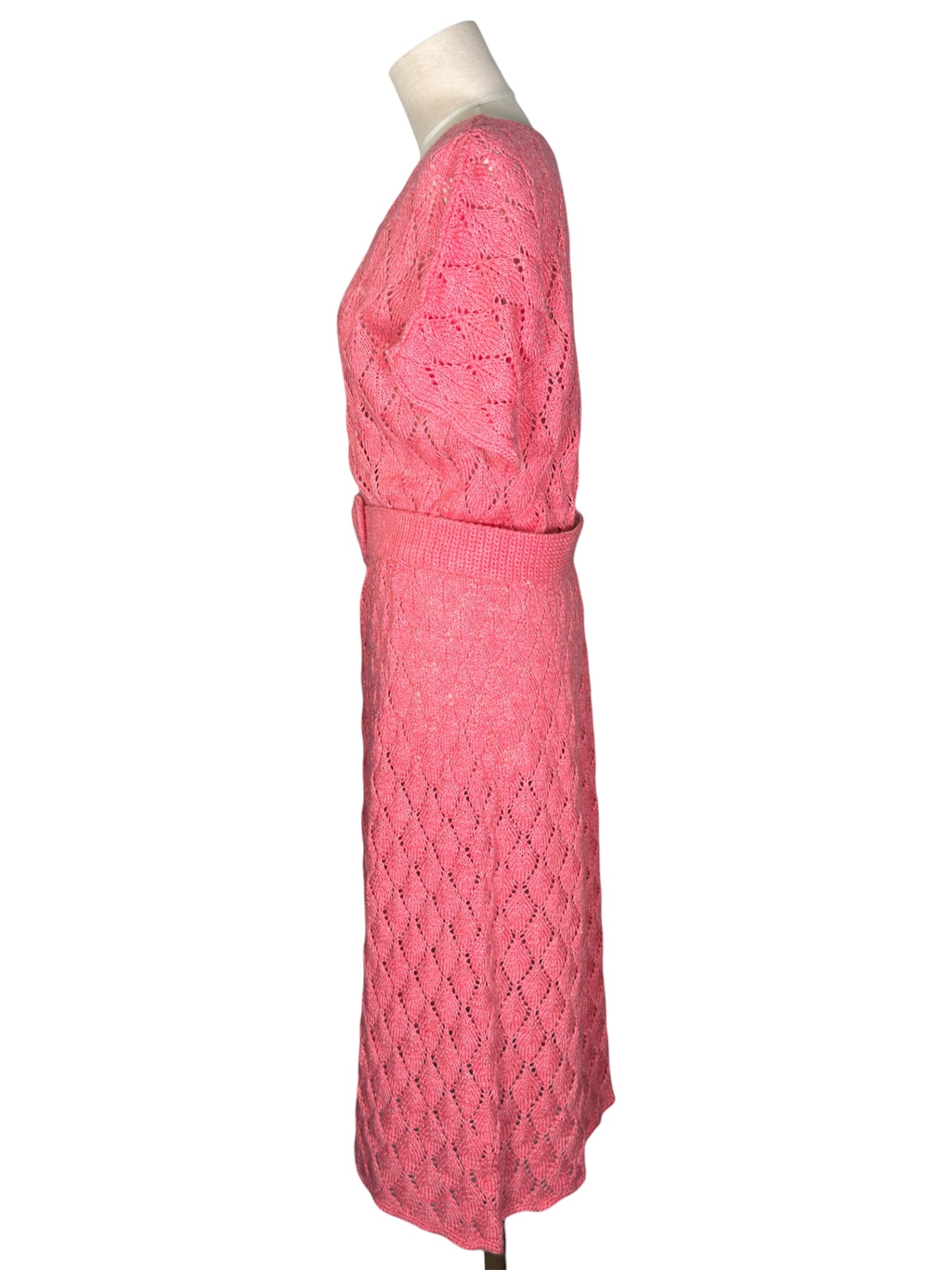 1950s Pink Knit Belted Midi Dress