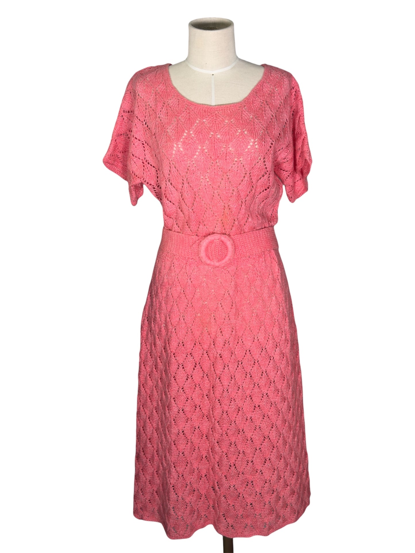 1950s Pink Knit Belted Midi Dress