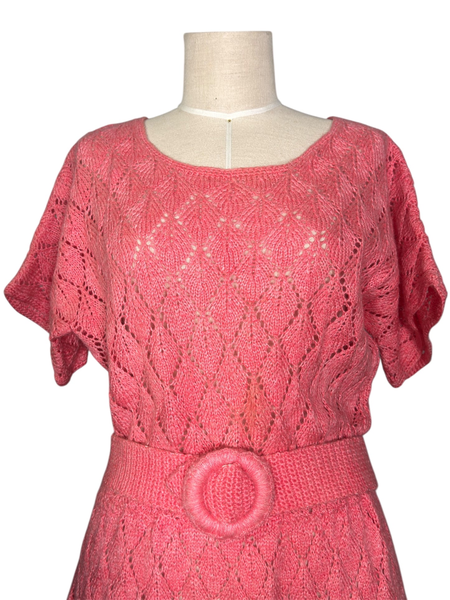 1950s Pink Knit Belted Midi Dress