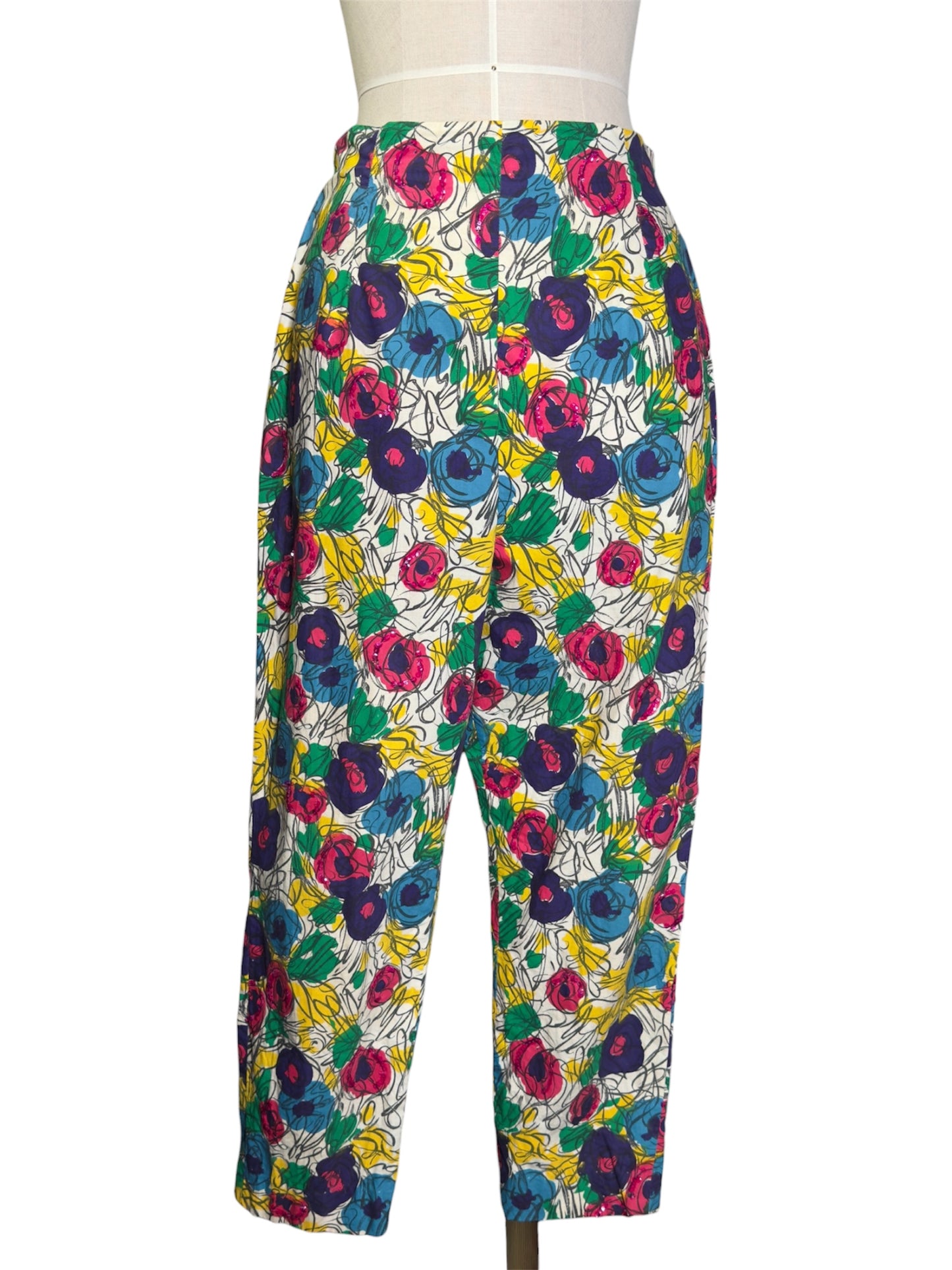 1950s High Waisted Floral Print Sequined Capri Pants