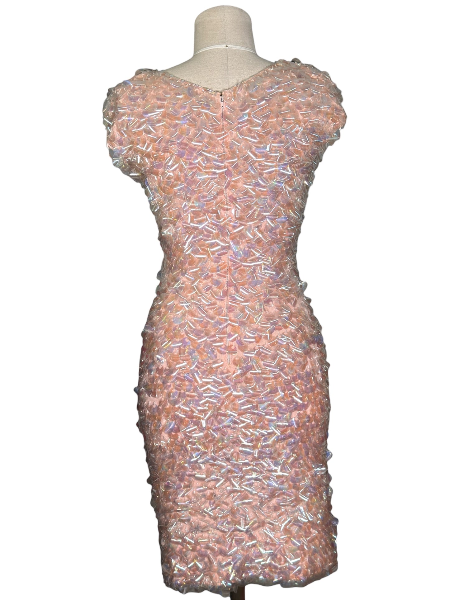 1950s Iridescent Sequin Peach Sleeveless Cocktail Wiggle Dress