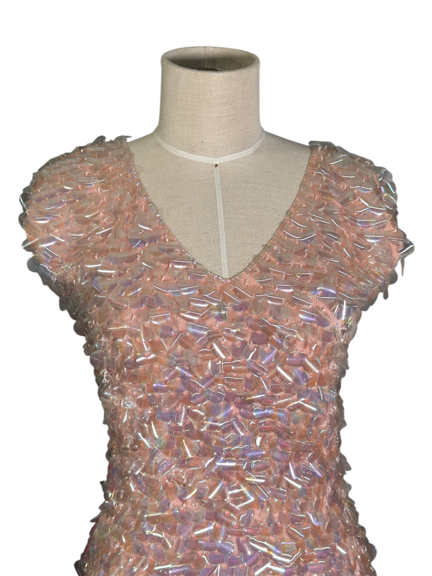 1950s Iridescent Sequin Peach Sleeveless Cocktail Wiggle Dress