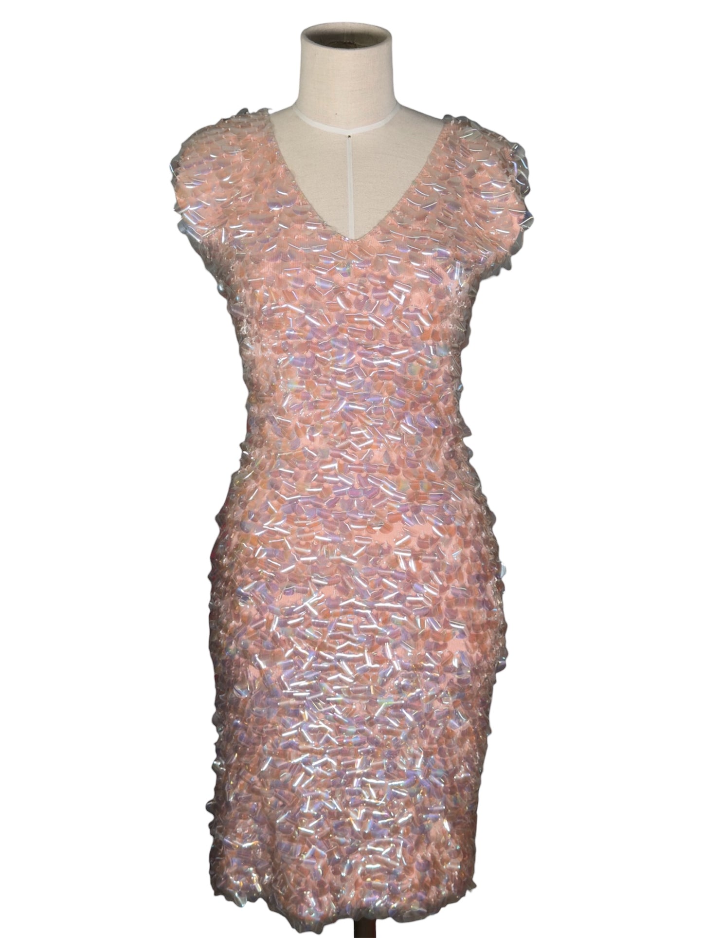 1950s Iridescent Sequin Peach Sleeveless Cocktail Wiggle Dress
