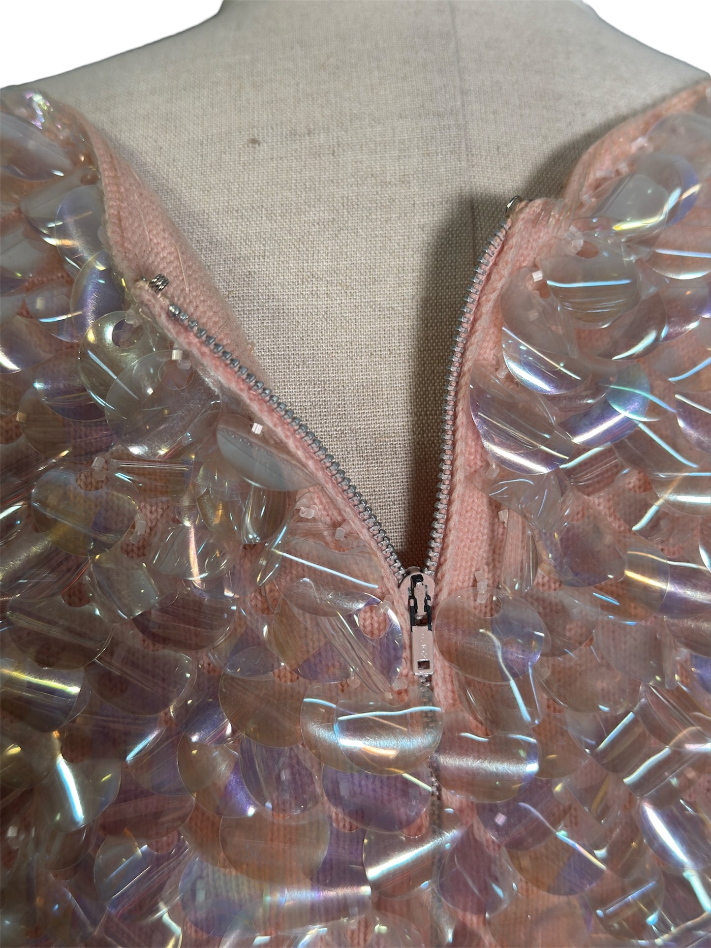 1950s Iridescent Sequin Peach Sleeveless Cocktail Wiggle Dress