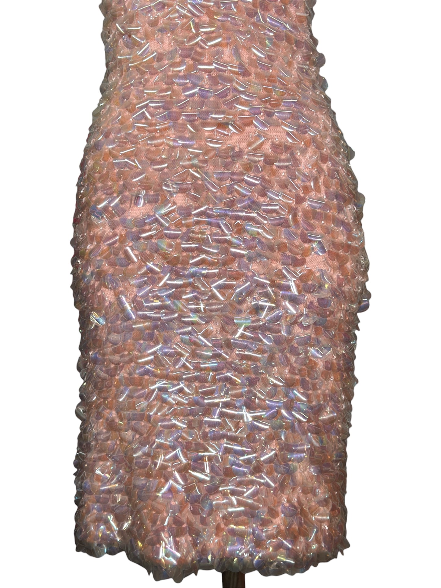 1950s Iridescent Sequin Peach Sleeveless Cocktail Wiggle Dress