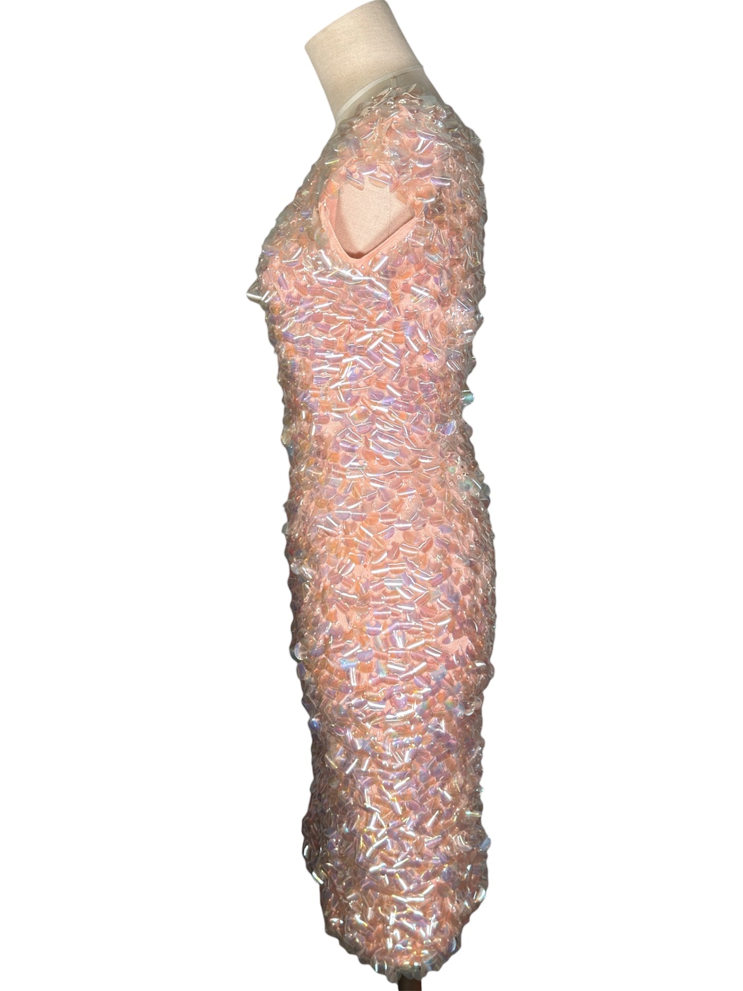 1950s Iridescent Sequin Peach Sleeveless Cocktail Wiggle Dress