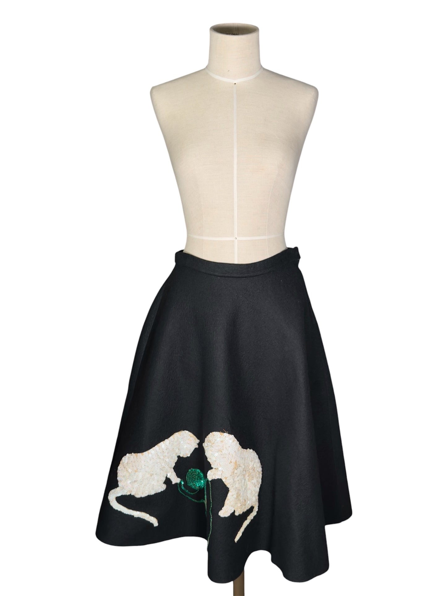 1950s Joan Rafferty Black Wool Circle Skirt With Sequin Cat Appliqué