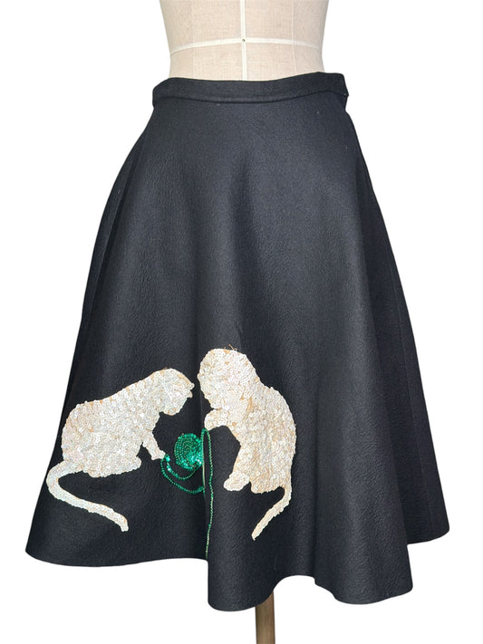 1950s Joan Rafferty Black Wool Circle Skirt With Sequin Cat Appliqué