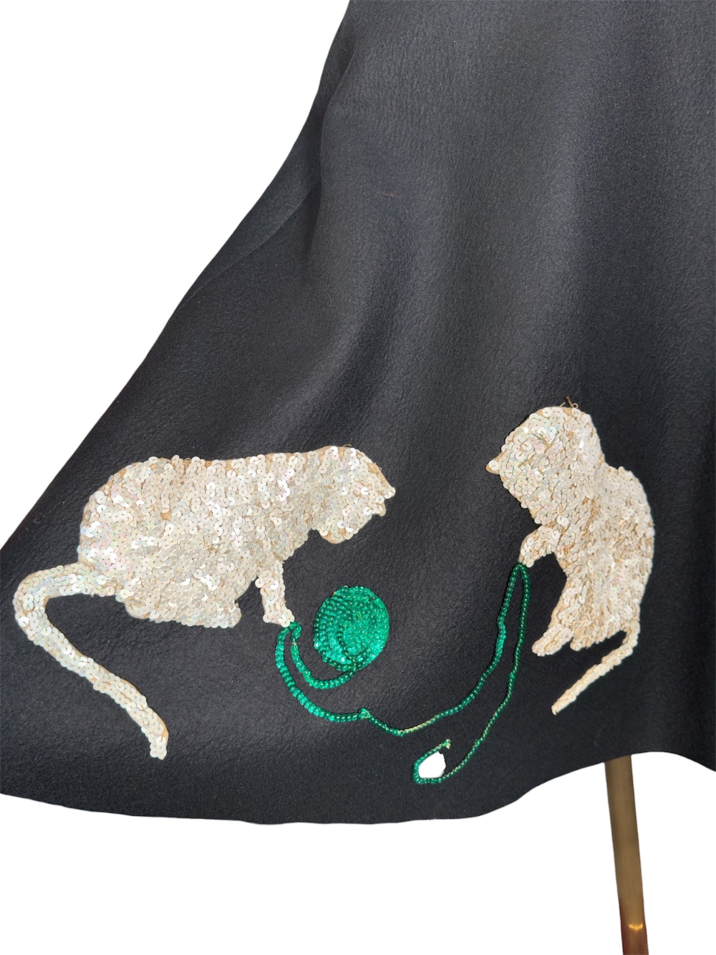 1950s Joan Rafferty Black Wool Circle Skirt With Sequin Cat Appliqué