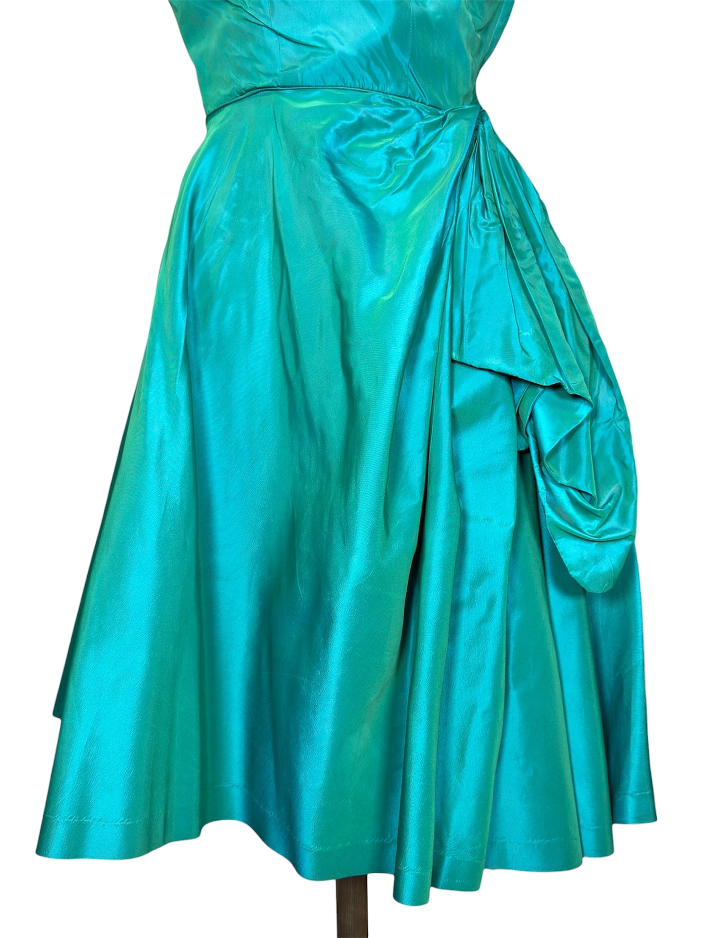 1950s Fred Perlberg Aqua Satin Cocktail Dress with Beaded Crumb Catcher