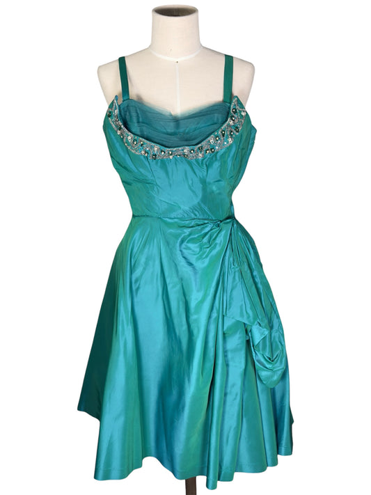 1950s Fred Perlberg Aqua Satin Cocktail Dress with Beaded Crumb Catcher