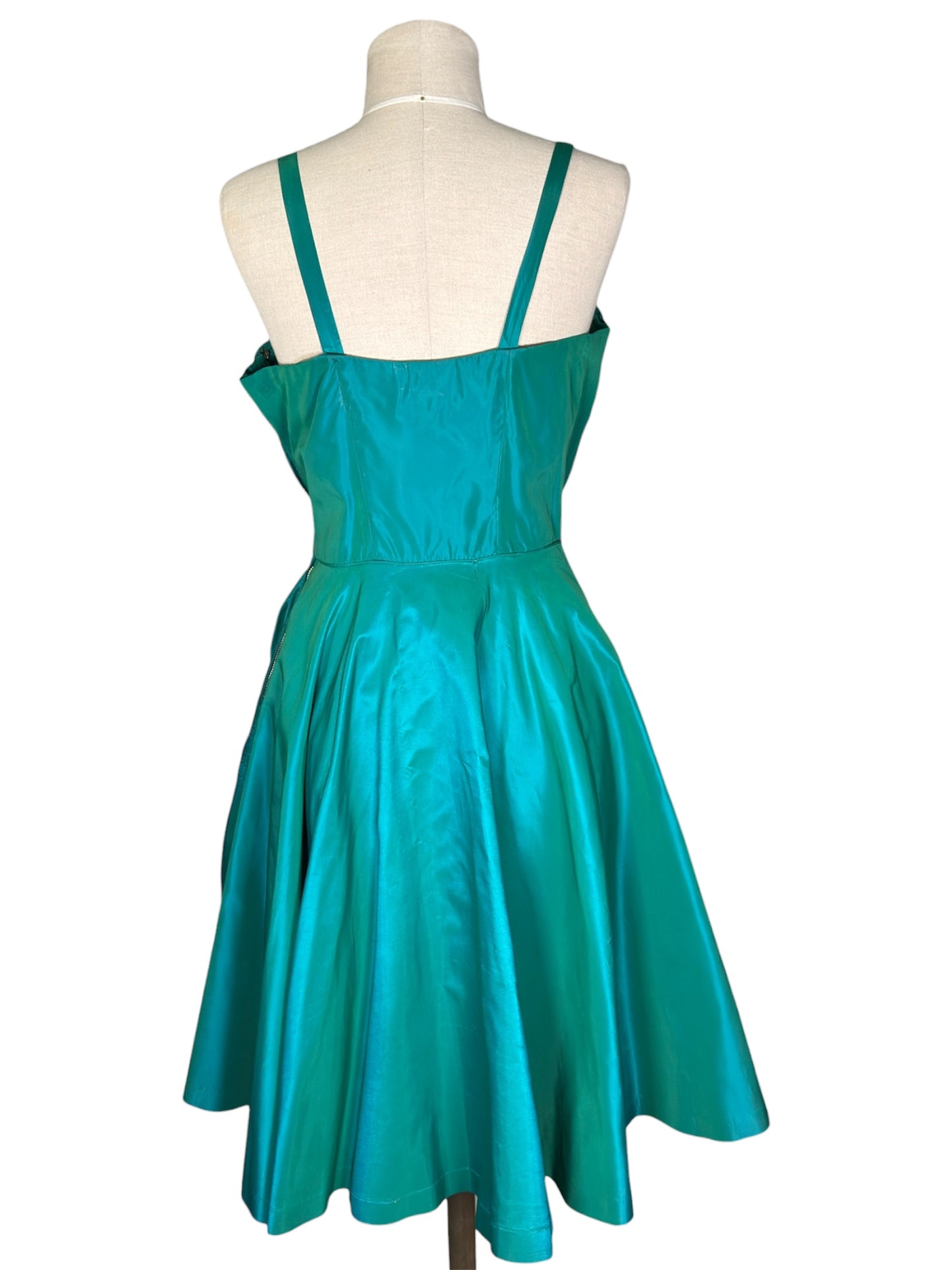 1950s Fred Perlberg Aqua Satin Cocktail Dress with Beaded Crumb Catcher