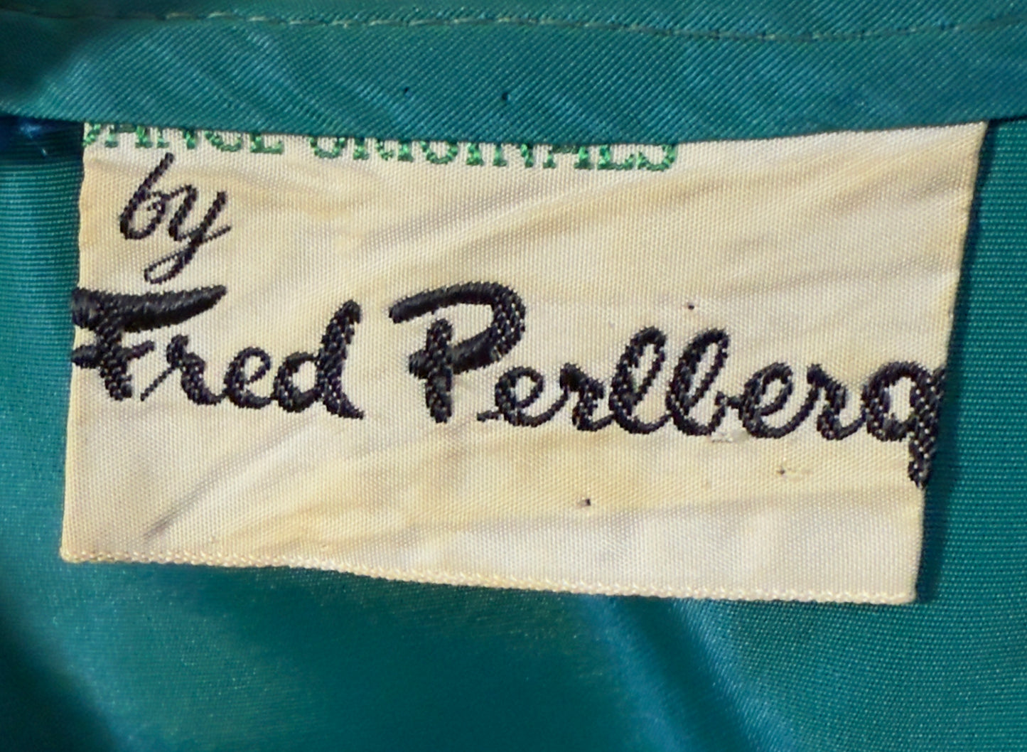 1950s Fred Perlberg Aqua Satin Cocktail Dress with Beaded Crumb Catcher