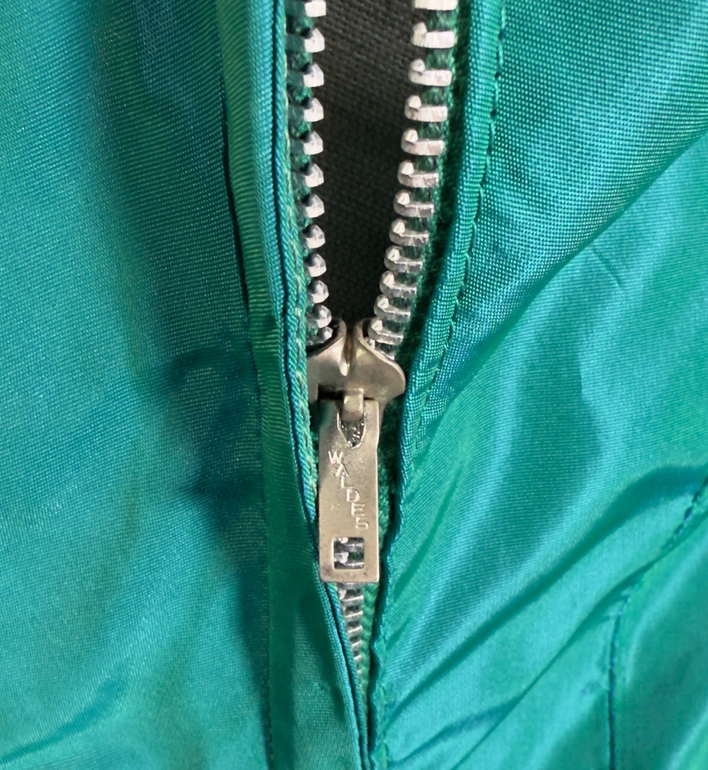 1950s Fred Perlberg Aqua Satin Cocktail Dress with Beaded Crumb Catcher