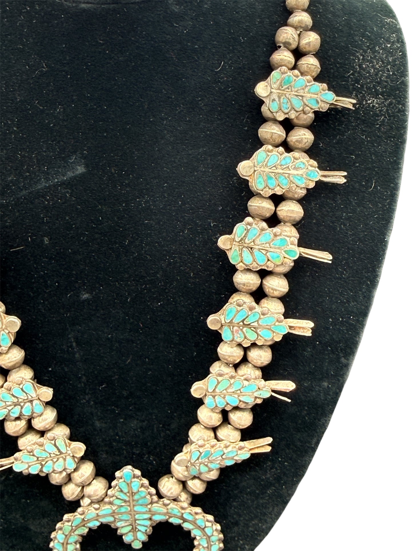 1930s Zuni Turquoise and Silver Squash Blossom Necklace