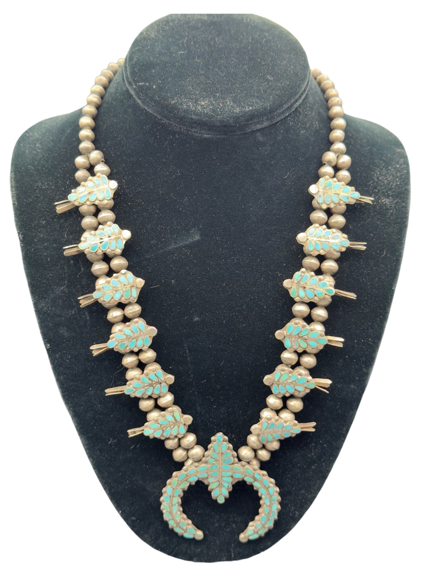 1930s Zuni Turquoise and Silver Squash Blossom Necklace