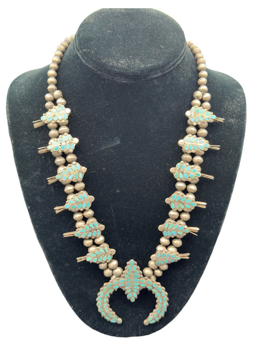 1930s Zuni Turquoise and Silver Squash Blossom Necklace