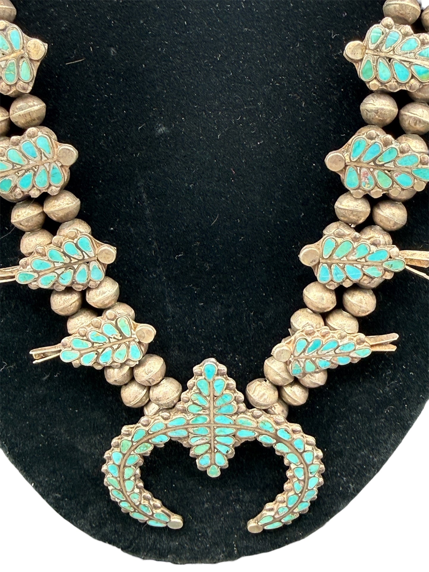 1930s Zuni Turquoise and Silver Squash Blossom Necklace